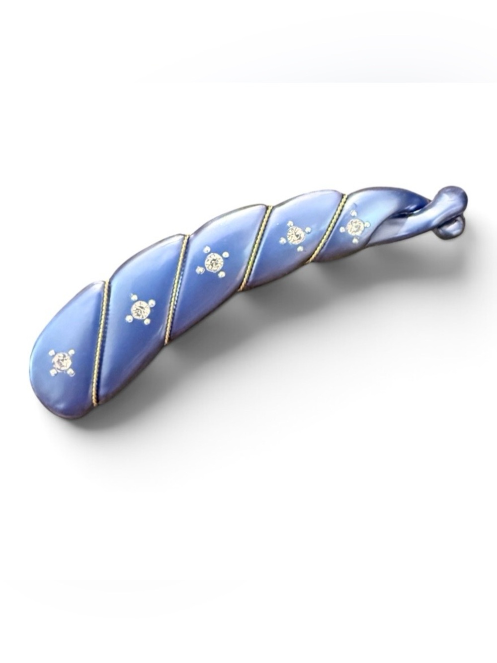 Vintage French Mini Banana Clip in Blue w Rhinestones & Gold Threading, 4” Long